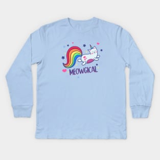 Meowgical Magical Rainbow Kitty Cat Unicorn Kids Long Sleeve T-Shirt